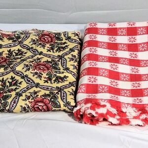 Set Of 2 Tablecloths Flannel Red And White 56x46 & Yellow Floral Cloth 88"x80"